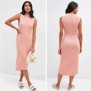 Anthropologie Daily Practice Mock Neck Ribbed Knit Midi Dress Sz M Coral Casual